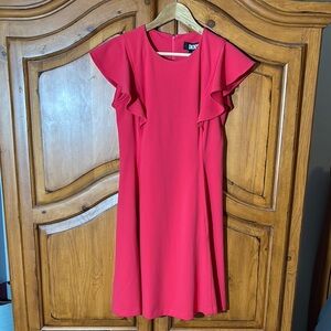 DKNY Vibrant Red/fuchsia Midi Dress with Ruffle Sleeves